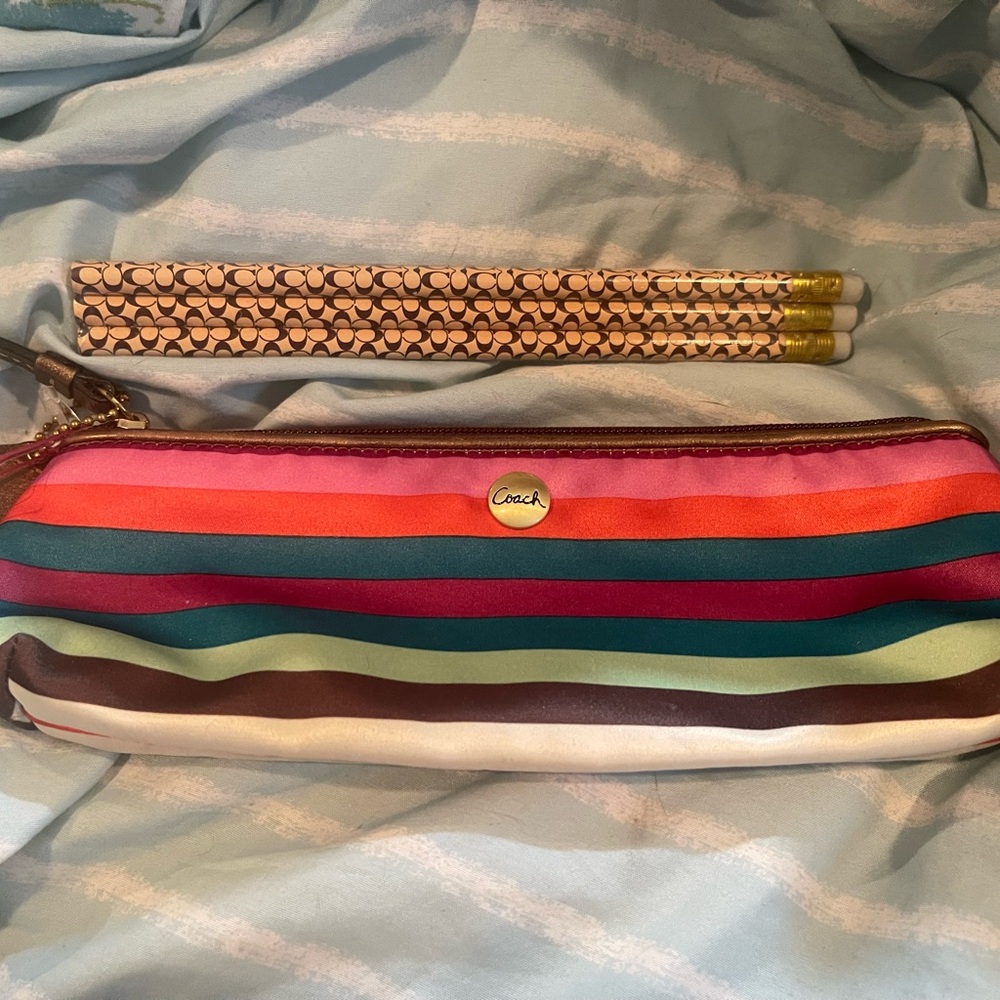Coach Colorful Striped Pencil Case with pencils
